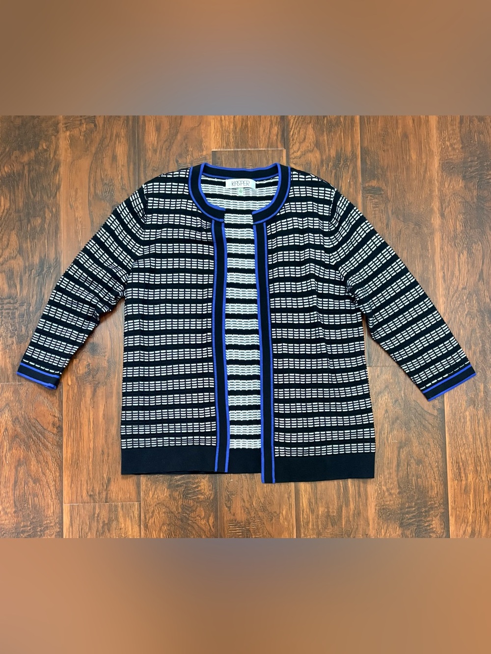Kasper Black White Blue Knit Cardigan Jacket Women’s Size L